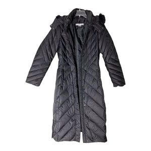 Larry Levine Chevron Long Maxi Puffer Faux Fur Hooded Coat Jacket Size Medium